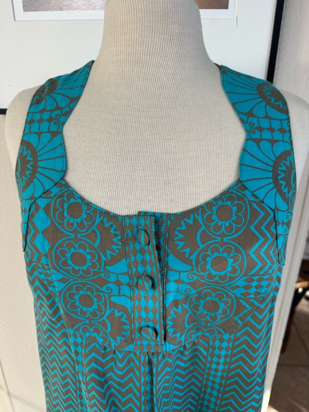 Anna Sui for Anthropologie Turq and Brown Floral Chevron Sleeveless Dress Top - Picture 2 of 7